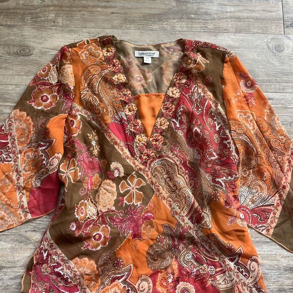 Desi Y2K Top Beading Floral Flowy Mesh Vintage Medium Orange Coldwater Creek - Picture 5 of 8